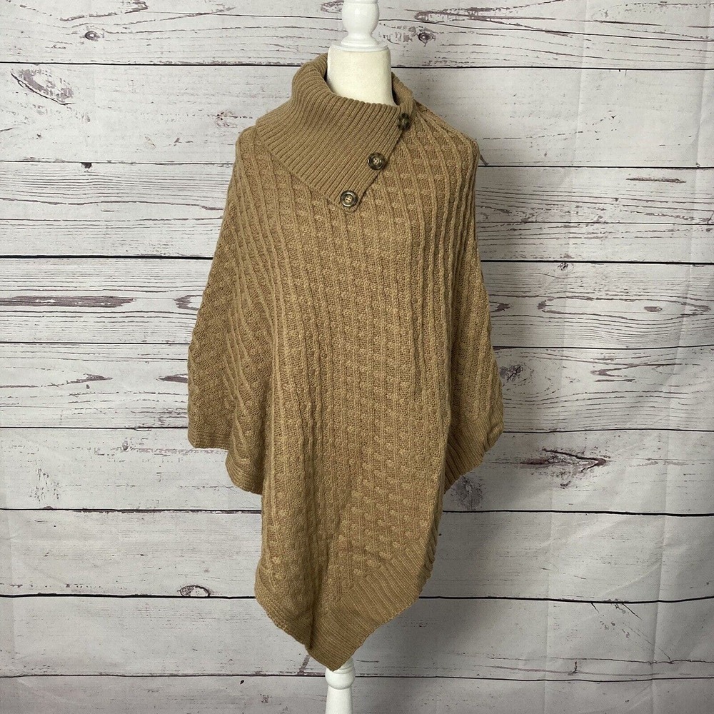 Lord Taylor Sweater Poncho Womens One Size Cable Knit Camel Brown Tan Collar